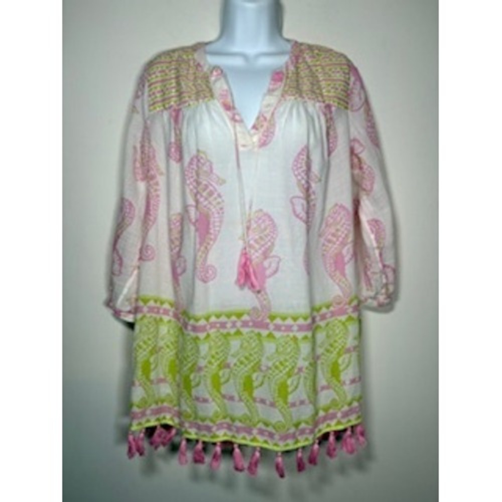 Crown & Ivy Swimsuit Coverup Tunic XS White Pink Green Tassel Coastal Beach